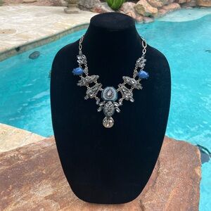 Natasha Runway Gold Tone w/ Blue Cabochons Rhinestones Statement Necklace (DM)